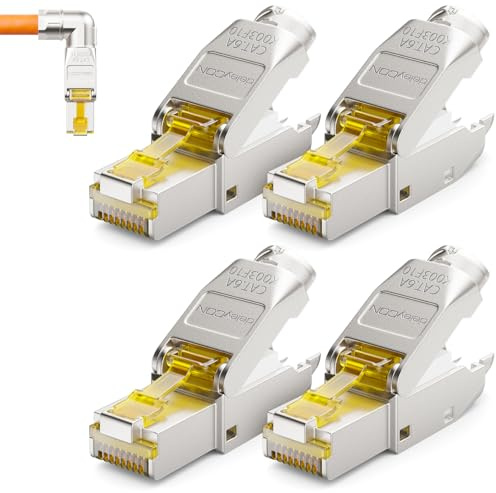 deleyCON CAT 6a Netzwerkstecker 90° Winkel RJ45 10 Gbit/s, 4 Stück | Werkzeuglos, geschirmt, für starre Verlegekabel, Rohkabel, Steckverbinder RJ45 Ethernet LAN DSL Patchkabel