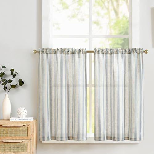 TOPICK Set med 2 linneduker med strimlor - Genomskinliga - För café - För små fönster, kök, badrum, vardagsrum - 65 x 90 cm (b x h) - Blå på beige