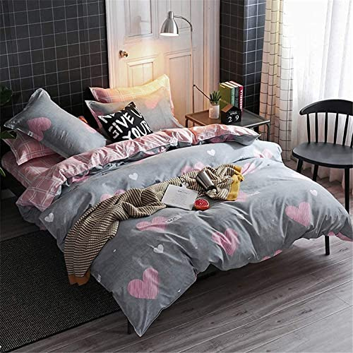 Koudi Kids Girls Duvet Cover Set Queen Pink/Grey Reversible Soft Microfiber Bedding Set Sweet Heart and Pink White Plaid Bedroom Comforter Cover for Teen Girls 3pcs
