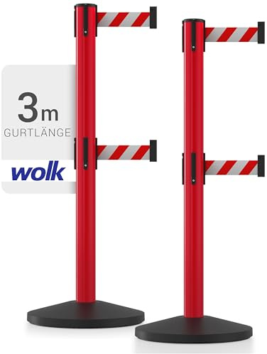 wolk Gurtpfosten 2er Set Rot 3 m, Absperrpfosten Personenleitsystem | 2 Kunststoff Absperrständer mit 3 m rot-weißem Gurtband für Sicherheitsbereiche, Baustellen und Veranstaltungen