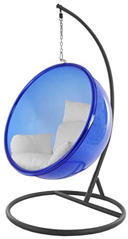 Kideo® Komplettset: Hängesessel mit Gestell & Kissen, Halbschale, Bubble, durchichtig (Gestell: grau/Korb: blau (Lapis Blue), Kissen: weiß (1000 Snow))