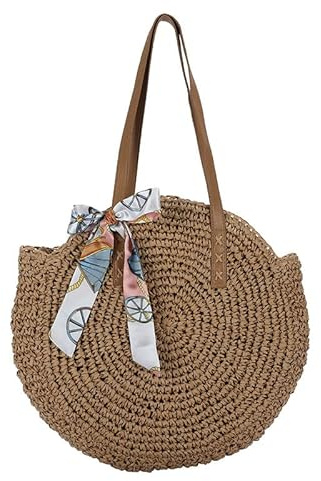 Stroh Strandtasche - Stroh Handtasche Damen Sommer Strandtasche Schultertasche Mit Ledergriffe Böhmische Schultertaschen Stroh Crossbody Tasche Vintage Runde Handgewebte Handtasche Für Reisen