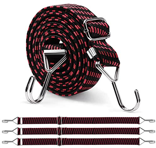 Newthinking Bungee Cords with Hooks, 2M Adjustable Flat Bungee Straps,4 PCS | Red, Heavy-Duty Rubber Material, Adjustable Length, Metal Fixing Hooks, Suitable for Bicycle, Car Luggage Racks, Camping