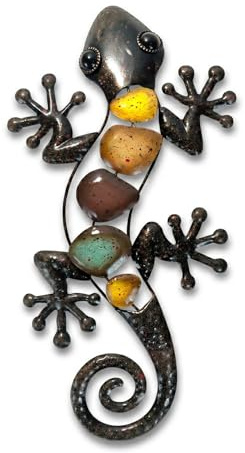 Dexlyn 3D Metall Gecko Wanddeko Braun, 20x40 cm,Geschwungener Schwanz | Wetterfeste & rostfreie Eidechse Skulptur für Balkon und Garten