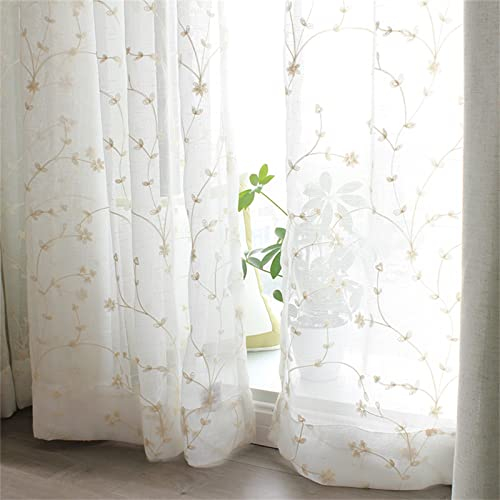 Freyamy Boho Blumen Gardinen Bauernhaus Voile Landhausstil mit Stangedurchzug,Weiß Outdoor Vorhänge Dekoschals Halbtransparent Vorhänge 2 Stück Wohnzimmer Vintage Stores Vorhang 260x140 cm (HxB)