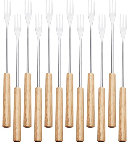 12pcs Stainless Steel Fondue Forks Wooden Handle Chocolate Fork Fondue Tools Cheese Fondue Forks Chocolate Dipping Fork for Chocolate Fountain Cheese Fondue