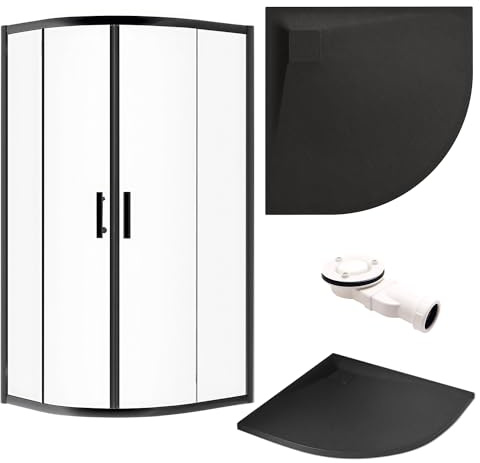 KOLMAN Duschwanne Viertelkreis VIDAR SLIM & Duschkabine Halbrund HELA 80x80 190 cm - Duschabtrennung 6 mm Transparent Nano Glas, SMC-Komposit Stein-Effekt Schwarz Duschbecken inkl. Siphon Ø 90 mm