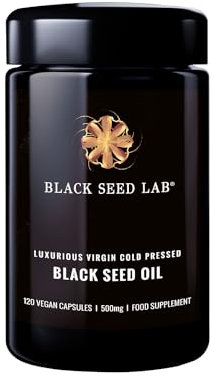 Black Seed Oil - 120 Vegetarian 500mg Softgel Capsules - Luxurious Egyptian Cold Pressed Nigella Sativa Plant Producing Black Cumin Seed Oil - Non-GMO - Made by BLACK SEED LAB in UK - Jar