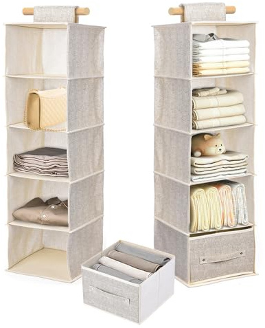 Chostky 2 organizadores de Almacenamiento Colgantes con 2 cajones extraíbles, 5 estantes de Almacenamiento Colgantes, Armario Colgante Ropa Organizador Armario estantes de Almacenamiento (Beige)
