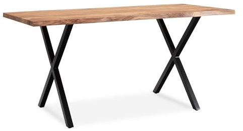 Wohnling Escritorio 200 x 100 x 76 cm madera maciza de acacia / metal para ordenador con borde de árbol, mesa de oficina en casa, mesa maciza con patas en X en negro, mesa de madera para ordenador