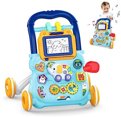 KalaDuck Camminatore per Bambini da Seduto a in Piedi, 2 In 1 Giocattolo a Spinta Bambini con Musica e Lavagna da Disegno, Centro di Attività Educativa Precoce Multifunzionale per Neonati 12M+ (Blu)