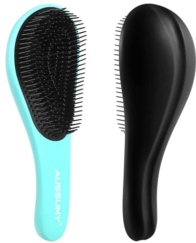 Aussumy 2 Pack Detangling Hair Brush - Detangler Hairbrush with Ultra Soft Bristles for Effortless Tangle Removal - For Dry Wet Damaged Curly Hair for Men Women Girls Boys Kids - Black & Green