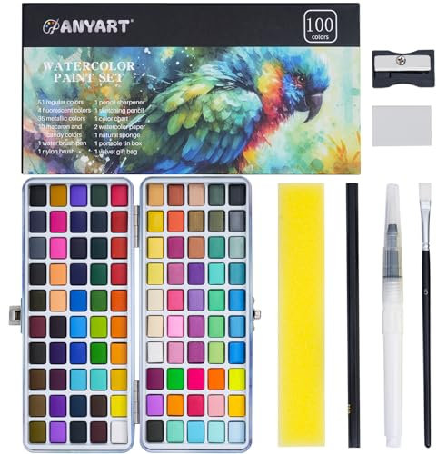 Anyart Aquarellfarben Set 100 Farben in Tragbarer Box, Wasserfarben für Reisen, Aquarell Watercolor Set Mit Pinsel und Aquarellpapier für Künstler und Malerei-Liebhaber