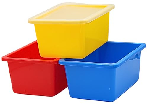 4E's Novelty Plastic Storage Bins with Lids, 5 Qt, 3 Pack, Colorful Plastic Cubby Storage Bins, Stackable Organizer Cubbies for Classroom Organization and Storage or Home (11.4 x 7.75 x 5)