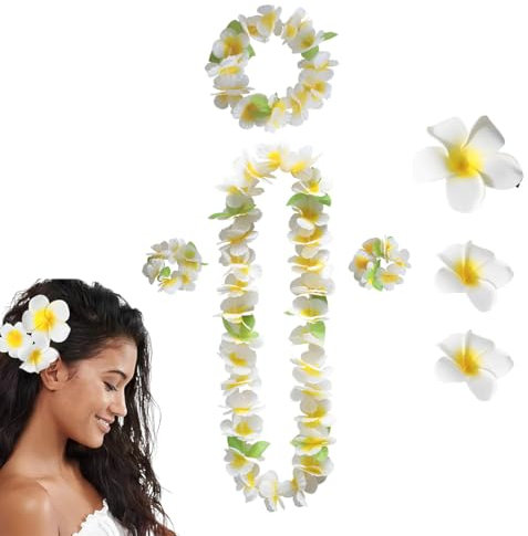 AUEFUDQ 7 collane decorative con fiori hawaii, con collana, fascia per capelli, ghirlanda di fiori per feste in spiaggia hawaiane, colore bianco