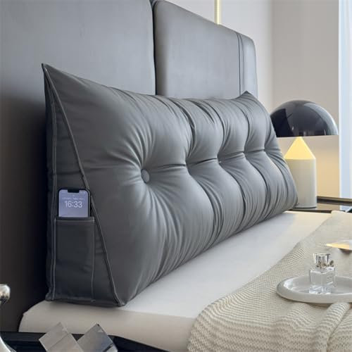Rückenlehne Kissen 140/160 Rückenpolster Wand Grau Leder Bequemes Bett Kopfteil Kissen Groß Lang Keilkissen Dreieckskissen Backrest Pillow Kopfende Großes Kopfkissen für Sofa/Couch(200X20X50cm,Gray A)