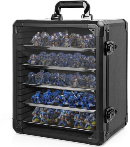 IPEB Miniatures Transport Case Miniatures Storage Case with Lock, 5 Magnetic Metal Trays & Aluminum Alloy Frame, Black-Medium Size