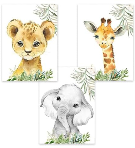 3 Poster Tiere Kinderzimmer Bild Bohrer Kinder Poster Safari Löwe Elefant Giraffe Kunstdruck auf Leinwand Savanne Poster Dekorativ Kinder Dschungel Jungen Geschenk 30 x 40 cm ohne Rahmen