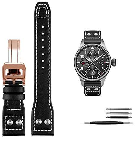 QTYQWC Echtes Leder Nieten Armband für IWC Big Pilot Spitfire Rindsleder Faltschließe Uhr Herren Armband 21mm 22mm