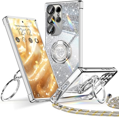 XYZ for Samsung Galaxy S25 Ultra Case with Stand, Silver | Cute Luxury Heart Double Ring Holder, Glitter Clear Protective Phone Case with Lanyard for Women Girls