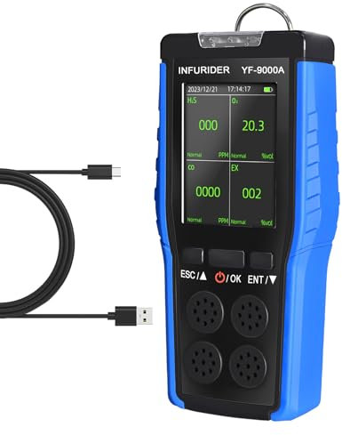 Gas Detector, 9000A Natural Gas Detector for Home, CO 0-1000PPM Gas Monitor, H2S 0-100PPM, LEL 0-100%, O2 0-30% VOL Leak Detector, ±5% FS Flue Gas Tester with Alarm