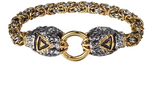 OIDEA Mens Viking Bear Claw Bracelet: Vintage Punk Heavy Stainless Steel Byzantine King Chain Bracelet Norse Amulet Jewelry Gifts for Men Women Silvergold