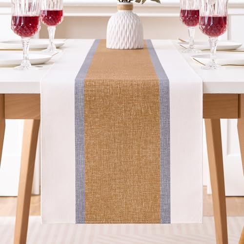 Runner Tavola Moderno 40x140 Cotone Lino Stampa a Righe Retrò Stile Rustico Design Patchwork Marrone e Beige Runner Tavola Impermeabile per Cucina Festa Compleanno la Sala da Pranzo