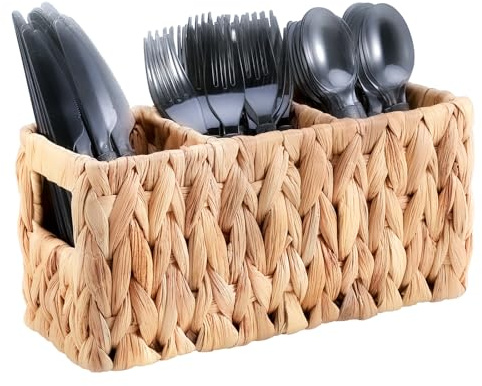 Niuirt Wicker Party Silverware Caddy, Small Water Hyacinth Plastic Cutlery Utensil Holder, Hand Woven with Handles, Kitchen Countertop and Picnic flatware Organizer