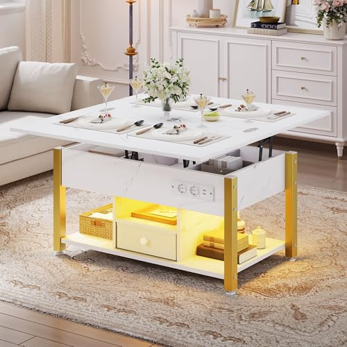 YITAHOME Mesa de Centro Elevable con LED RGB, 4 en 1Mesa de Salón con Compartimento de Almacenamiento Oculto, Mesa de Café con USB y Enchufe para Salón Comedor, Fácil de Levantar, Mármol Blanco