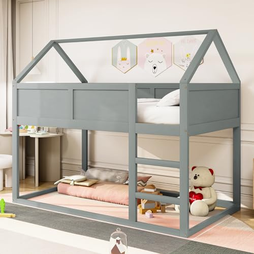 RIAZOS Kinderbett 90x200 cm, Etagenbett für 2 Kinder, Hochbett mit Rausfallschutz, Massivholz Einzelbett Stockbett Spielbett Jugendbett, 1 Lattenrost, ohne Matratze, Grau