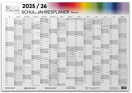 SIGNZ Schulkalender Bayern 2025-2026, XXL, 98 x 68cm, inkl. Ferien und Feiertagen, CO2-neutral hergestellt, made in Germany
