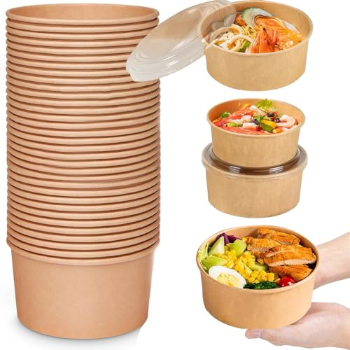 Bigingjia Kraft Food Containers with Lids – 50 Pcs Reusable Round Takeaway Containers for Hot & Cold Meals, Oil & Water Resistant Paper Salad Box for Salad, Takeaway, Meal Prep