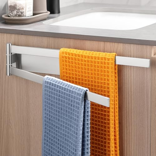 Dvocel Toallero Autoadhesivo de 2 Brazos, Barra de Toalla Giratorio 180° de Acero Inoxidable SUS304, Sin Taladro, Montaje en Pared para Baño y Cocina, Plata