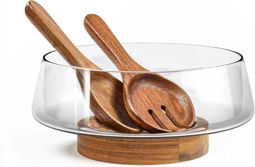 brecoory KITEISCAT Extra Large Glass Salad Bowl Set - Party Salad Bowls with Acacia Wood Base and Serving Utensils - Elegant and Practical Kitchen Must-Have