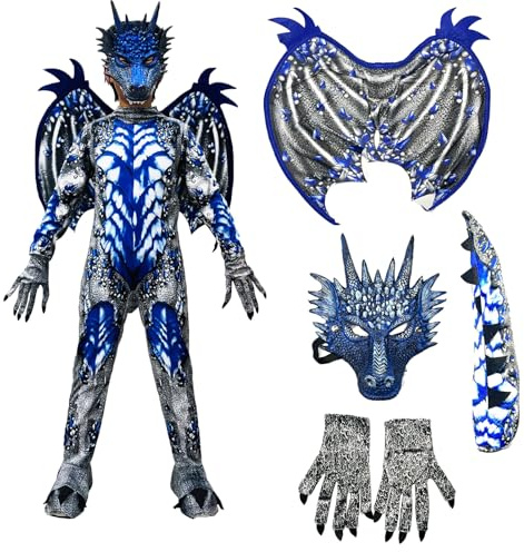 JANGZIIA Costume Drago per Bambino 6-12 Anni, Completo con Ali Drago, Coda e Maschera - Vestito per Halloween e Carnevale