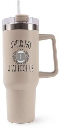Mug Isotherme 1,2L - Je peux pas foot équipe de france Beige – Bouteille avec Anse, Paille et Couvercle – Idée Cadeau Gourde Personnalisée