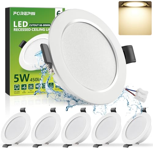 Forepin Spot LED Encastrable Extra Plat Blanc Neutre 4000K, 5W IP44 Spots de Plafond Encastre Pour Salle de Bain, Cuisine, Salon - Trou Ø68-80mm, Lot de 6