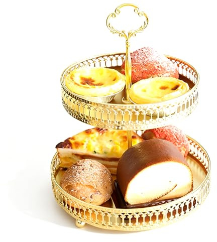 PAEFIU 2-Stöckig Etagere, Gold Serviertablett Runde, Eleganter Keks-Ständer 2 Etagen, Gold Obst Cupcake Ständer, Ausgehöhlte Servierständer, für Dessert, Snacks, Obst, Snacks, Kekse, Muffins (Stil 2)