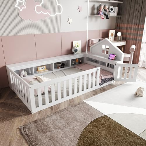EINHOM Kinderbett 90 x 200 cm, Bodenbett mit Stauraum, Sicherheitsgitter und Tür, Massivholzbett mit Lattenrost, Einzelbett, Weiß (Ohne Matratze)