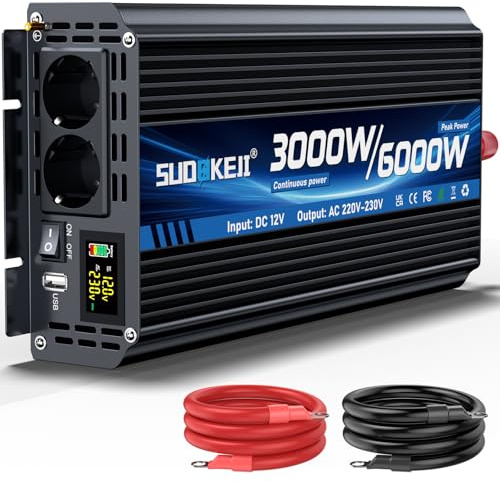 Wechselrichter 12V 230V 3000W/6000W Spannungswandler Modifizierte Sinus Sine Wave Inverter mit 2 AC Steckdose und USB und Type-C Port für Auto Wohnmobil Fahrzeuge