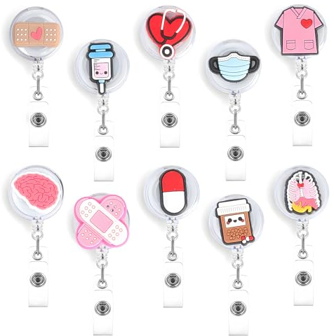 LOLANIUT 10 Stück Nurse Krankenschwester Ausweishalter Set,Süße Klinik Badge Reels mit Ausweis Jojo, Ausweishalter Ausziehbar,Lustiges Design für Ärzte & Studenten,Pflegepersonal Ausrüstung Geeignet