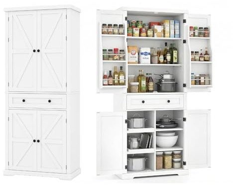 KOMFOTTEU Aparador Alto de Cocina 184 cm, Mueble Buffet con Cajón, Armario con Puerta, Armario Despensa con Estante Ajustable, para Salón, Comedor, 77 x 40 x 184 cm (Blanco)