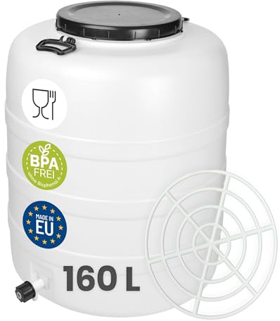 Garronda Fût Alimentaire 160L Plastique HDPE Tonneau Baril pour Eau GD-0187 | Bidon avec Robinet, Grille de Presse, Grande Ouverture, Couvercle, Stockage et Fermentation Recupérateur d'Eau de Pluie Blanc