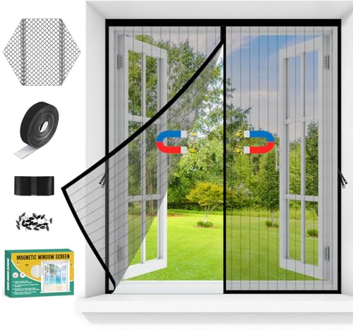 Fliegengitter Fenster Magnet, Insektenschutz für Fenster mit Klettband, Mückenschutz Magnetisch Ohne Bohren, Moskitonetz Mückennetz Fliegennetz, Mosquito Net Window mit Rahmen (Schwarz, 120x140cm)