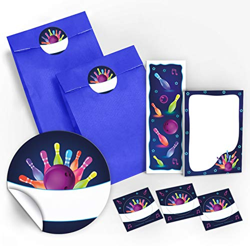 JuNa-Experten 12 Geschenktüten/dunkelblau + 12 Aufkleber + 12 Lesezeichen + 12 Mini-Notizblöcke Bowling neon/Mitgebsel Gastgeschenk für Kinder Jungen Mädchen beim Kindergeburtstag Geburtstag
