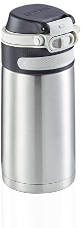 Leifheit Termosbägare Flip 350 ml, kaffemugg 100% tät, praktisk öppning med en hand, drickkopp att gå med filter för vatten med fruktbitar, håller dryckerna varma i upp till 6 timmar, silver