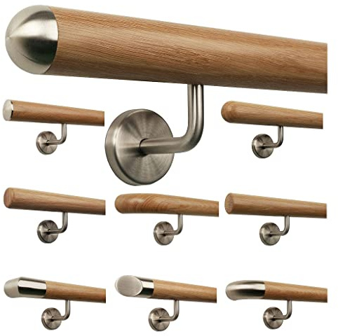 TIBU Barandilla de madera de roble 0,3 m - 6 m, longitud 40 cm, tapa de acero inoxidable semicircular y 2 soportes en ángulo