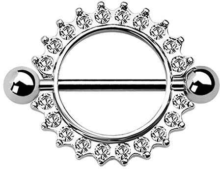Brustpiercing Schmuck Schild mit Steinkranz, Stab und Kugeln