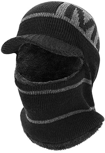 TAGVO Winter Knit Balaclava Visor Beanie Hat with Flexible Neck Warmer, Fleece Lined Thermal Windproof Elastic Warm Ski Face Mask Face cover for Men & Women, Running Skiing Hiking Outdoor Sports