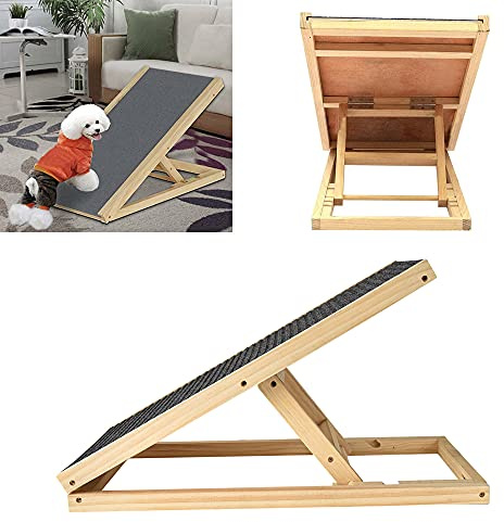 Dog Ramp Folding Pet Ramp Car Dog Ladder - Height Adjustable with Non-slip Carpet Safety Pets Ladder, Portable Solid Wooden Dog Ramp for travel (L70xW35cm, H30-40cm)